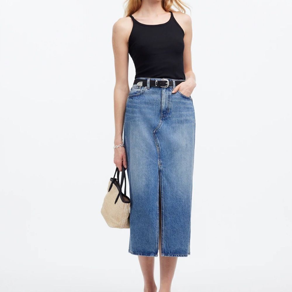 Madewell Blue Denim Midi Skirt with Front Slit